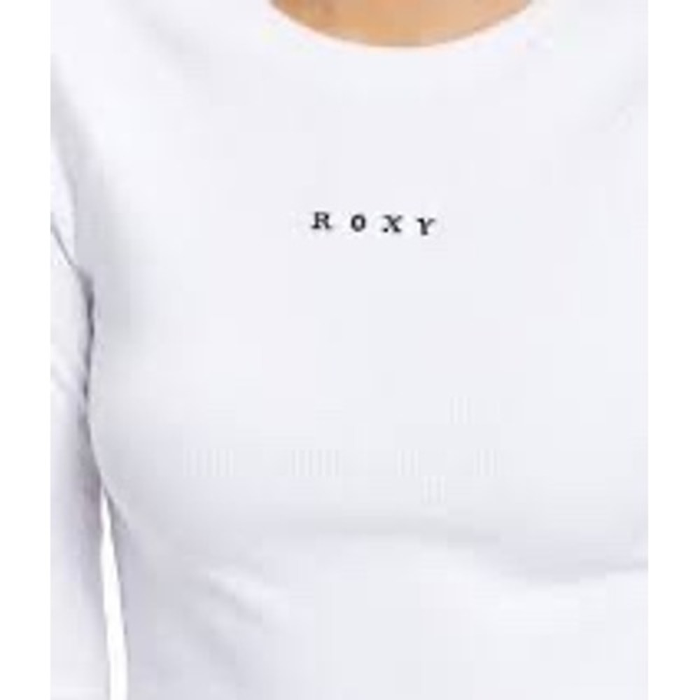 Roxy Women White Ribbed Long‎ Sleeve Crop Top Crew Neck Embroidered Logo Size S